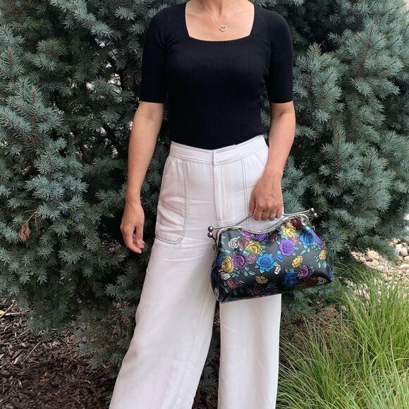 Colorful Rose Embossed Cowhide Top Handle & Double Kisslock Handbag/Crossbody - Picture 6 of 17